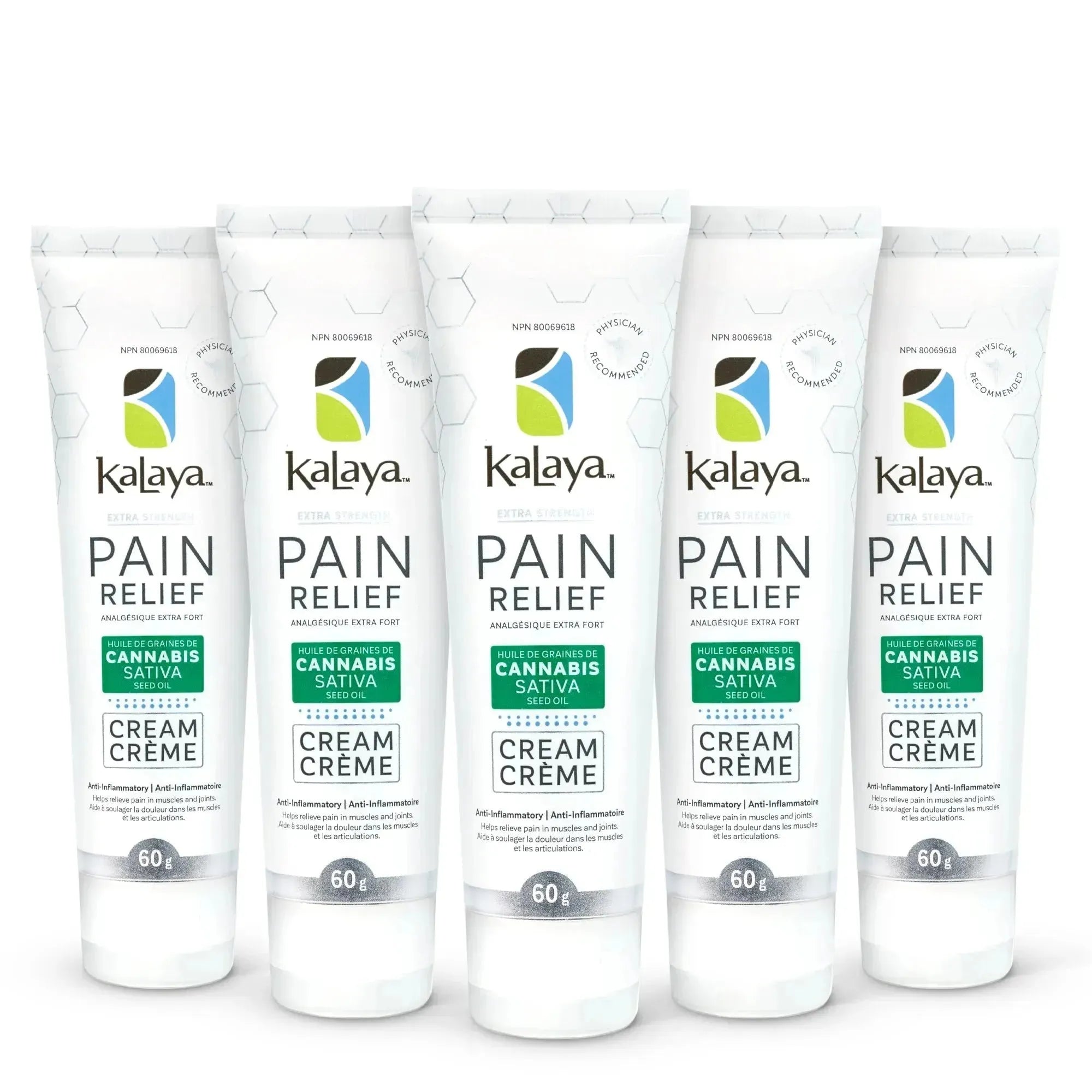 [Pack of 5] KaLaya Extra Strength Pain Relief Cream with Cannabis Sativa Seed Oil (60g), Pain Relief - KaLaya