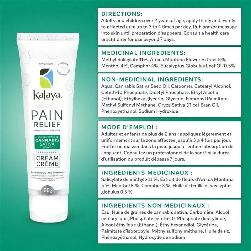 [Pack of 5] KaLaya Extra Strength Pain Relief Cream with Cannabis Sativa Seed Oil (60g), Pain Relief - KaLaya