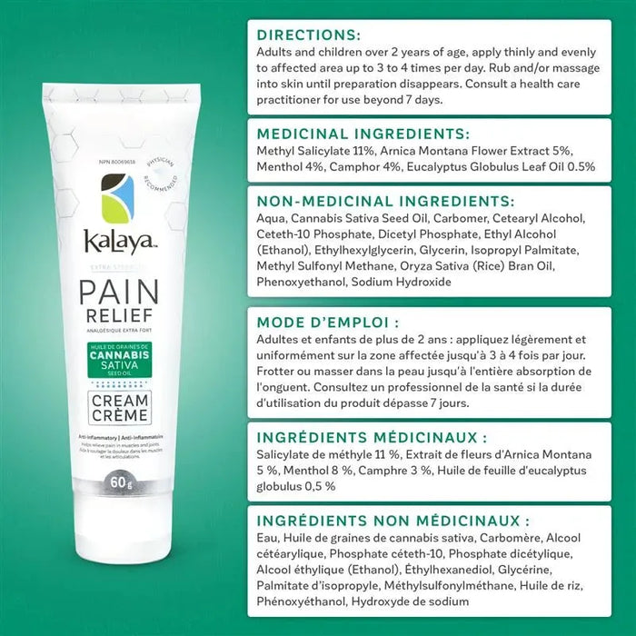 [Pack of 5] KaLaya Extra Strength Pain Relief Cream with Cannabis Sativa Seed Oil (60g)
