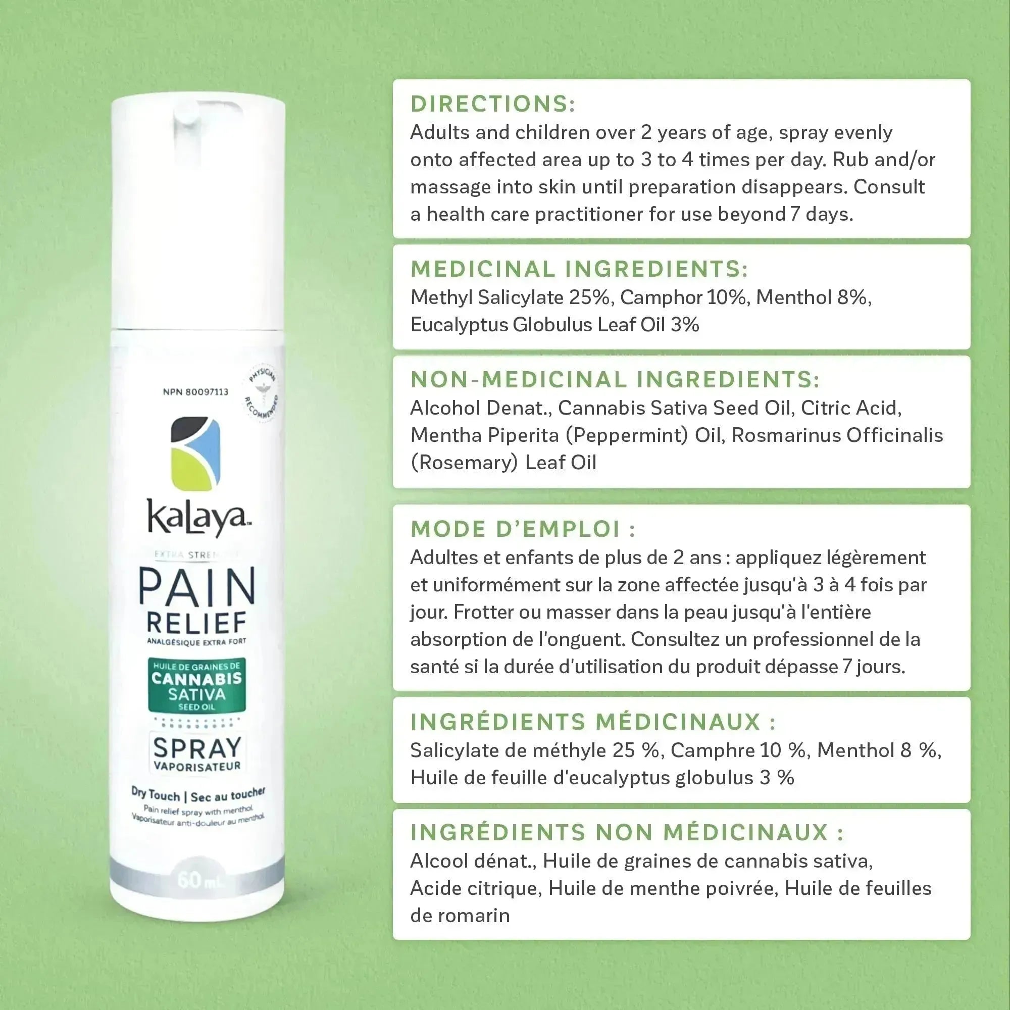 KaLaya Extra Strength Pain Relief Spray with Cannabis Sativa Seed Oil 60mL, Pain Relief - KaLaya