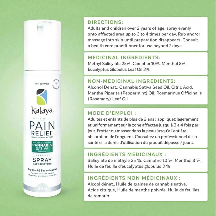 KaLaya Extra Strength Pain Relief Spray with Cannabis Sativa Seed Oil 60mL, Pain Relief - KaLaya