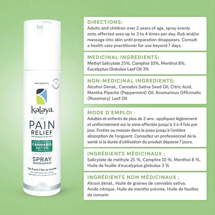 KaLaya Extra Strength Pain Relief Spray with Cannabis Sativa Seed Oil 60mL, Pain Relief - KaLaya